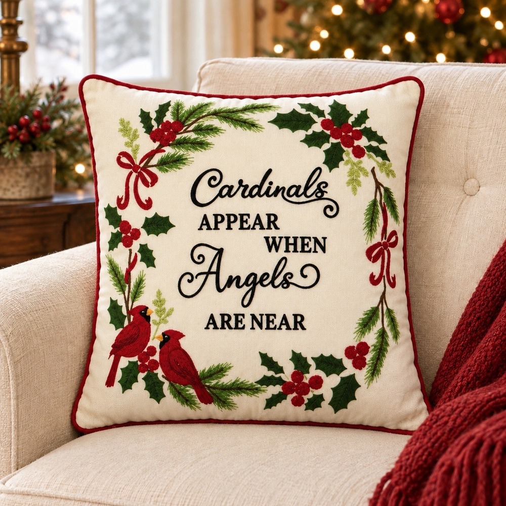 Cardinals Appear When Angels Are Near Embroidered Christmas Throw Pillow 15x15